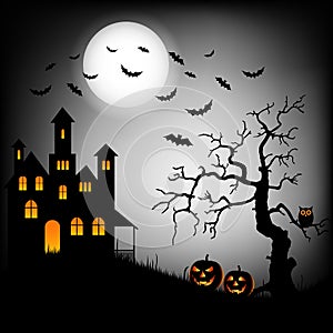 Halloween haunted castle with bats and tree background template