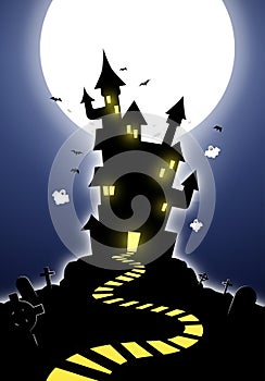 Halloween haunted castle dark silhouette cemetary background