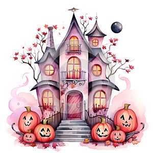 Halloween Haunted house with a crescent moon. Happy Halloween, watercolor vector illustration.GenerativeAI.