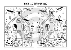 Halloween haunted house difference game. Black and white, printable. May be used as coloring page.