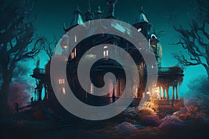 Halloween haunted house in the forest. 3d render illustration.