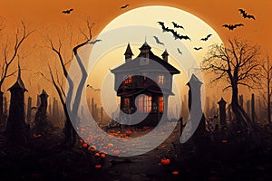 Halloween haunted house in full moon night, scary mansion. Halloween background