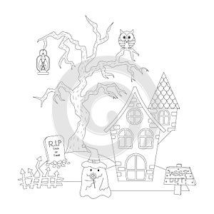 Halloween haunted house with Ghost Dead Tree and Owl Colorless