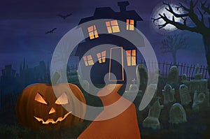 Halloween haunted house, graveyard  and pumpkin