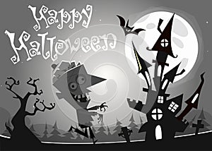 Halloween haunted house on night background with a walking dead zombie. Vector illustration. Black and white