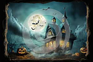 Halloween Haunted House with Pumpkins and a Full Moon - Ai Generative