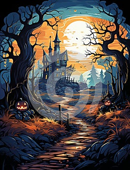 Halloween haunted house scene