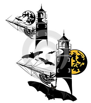 Halloween haunted lighthouse, pirate ship and flying vampire bats vector design set