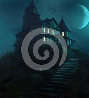 Halloween Haunted Manor on a Hill Against the Moon photo