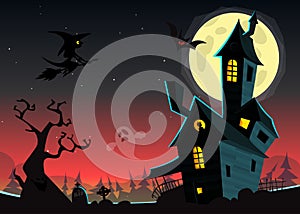 Halloween haunted moonlight night background with spooky house and cemetery, can be use as flyer