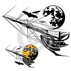 Halloween haunted sail ship and flying vampire bats vector design set