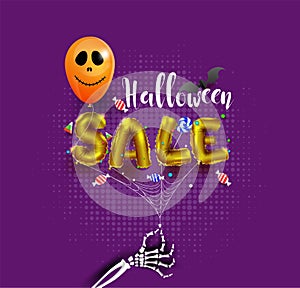 Halloween having fun sale promotion poster with halloween candy and halloween ghost balloons orange background,Scary air balloons,