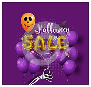 Halloween having fun sale promotion poster with halloween candy and halloween ghost balloons orange background,Scary air balloons,