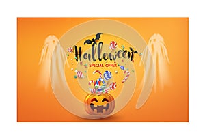 Halloween having fun sale promotion poster with halloween candy and halloween ghost balloons and pumpkin orange background