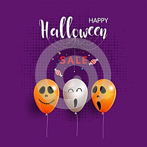 Halloween having fun sale promotion poster with halloween candy and halloween ghost balloons and pumpkin orange background,Scary a