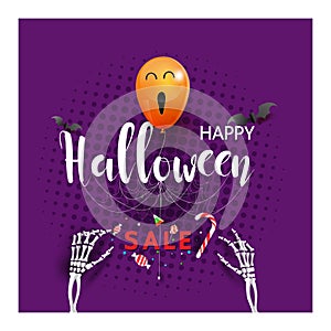 Halloween having fun sale promotion poster with halloween candy and halloween ghost balloons and pumpkin orange background,Scary a