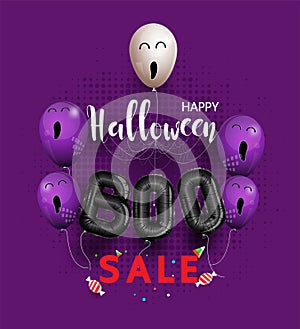 Halloween having fun sale promotion poster with halloween candy and halloween ghost balloons and pumpkin orange background,Scary a