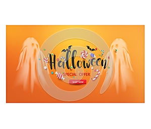 Halloween having fun sale promotion poster with halloween candy and halloween ghost balloons and pumpkin orange background,Scary a