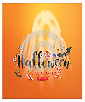 Halloween having fun sale promotion poster with halloween candy and halloween ghost balloons and pumpkin orange background,Scary a