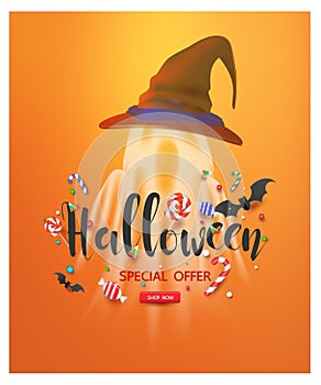 Halloween having fun sale promotion poster with halloween candy and halloween ghost balloons and pumpkin orange background,Scary a