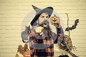 Halloween hipster shouting and pointing finger with anger