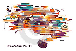 Halloween holiday background with pumpkins, spiders and skulls. Abstract background with orange, philately and black color