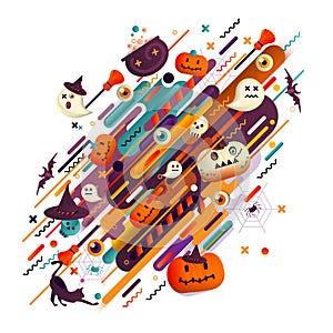 Halloween holiday background with pumpkins, spiders and skulls. Abstract background with orange, philately and black color of hall photo