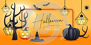 Halloween holiday background with realistic 3D halloween pumpkins and full moon.