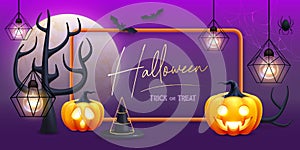 Halloween holiday background with realistic 3D halloween pumpkins and full moon.