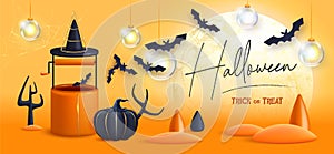 Halloween holiday background with realistic 3D halloween pumpkins and full moon.