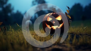 Halloween holiday background. Spooky glowing jack-o-lantern pumpkin on the ground in a cornfield.