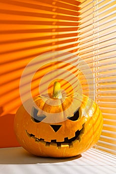 Halloween holiday background. Spooky Halloween pumpkin on a orange background, illuminated by sunlight through the