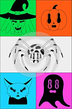 Halloween holiday. Black spooky fantasy characters in bright frames. Witch, pumpkin, poisonous spider, ghost, cat