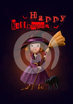 halloween holiday card with cartoon witch watercolor illustration