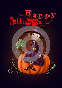 Halloween holiday card with cartoon witch watercolor illustration