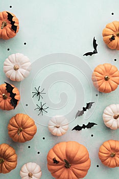 Halloween holiday card with party decorations from pumpkins, spiders and bats on turquoise background top view