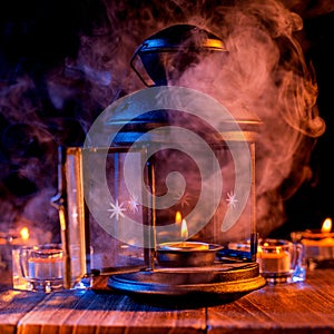 Halloween holiday concept design of pumpkin, candle, spooky decorations with blue tone smoke around on a dark wooden table, close