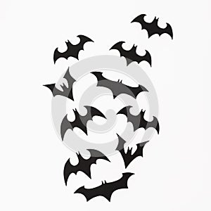 Halloween holiday concept. Handmade black bats on white background. Flat lay, top view.