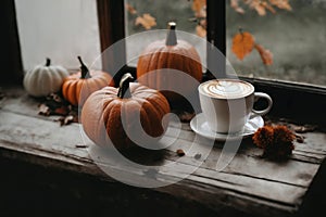 for halloween holiday, a cup of hot latte and pumpkins on a windowsill, beautiful autumn landscape outside the window, rural,