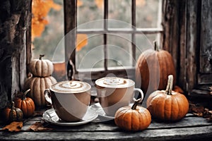 for halloween holiday, a cup of hot latte and pumpkins on a windowsill, beautiful autumn landscape outside the window, rural,