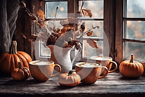 for halloween holiday, a cup of hot latte and pumpkins on a windowsill, beautiful autumn landscape outside the window, rural,