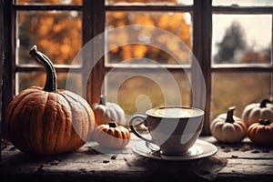 for halloween holiday, a cup of hot latte and pumpkins on a windowsill, beautiful autumn landscape outside the window, rural,