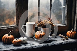 for halloween holiday, a cup of hot latte and pumpkins on a windowsill, beautiful autumn landscape outside the window, rural,