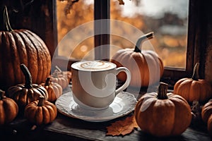 for halloween holiday, a cup of hot latte and pumpkins on a windowsill, beautiful autumn landscape outside the window, rural,