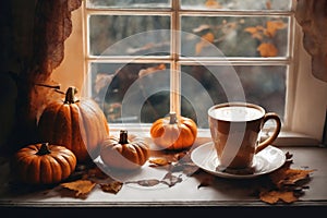 for halloween holiday, a cup of hot latte and pumpkins on a windowsill, beautiful autumn landscape outside the window, rural,