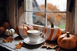 for halloween holiday, a cup of hot latte and pumpkins on a windowsill, beautiful autumn landscape outside the window, rural,