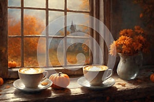 for halloween holiday, a cup of hot latte and pumpkins on a windowsill, beautiful autumn landscape outside the window, rural,