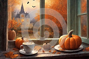 for halloween holiday, a cup of hot latte and pumpkins on a windowsill, beautiful autumn landscape outside the window, rural,