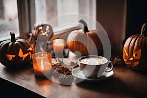 for halloween holiday, a cup of hot latte and pumpkins on a windowsill, beautiful autumn landscape outside the window, rural,