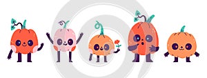 Halloween holiday cute character pumpkin set. Childish print for cards, stickers and party invitations. Vector